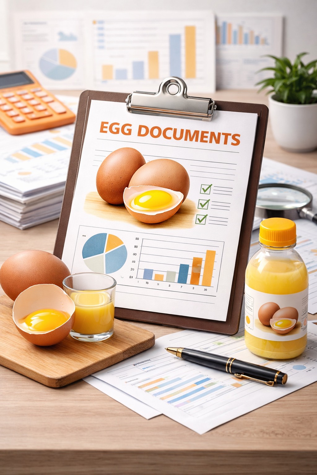 Clipboard with paper titled 'EGG DOCUMENTS' showing eggs, pie chart, bar graph, and checklist, surrounded by eggs, glass of egg yolk, bottle of yellow liquid, pen, calculator, and papers with charts on a wooden desk.